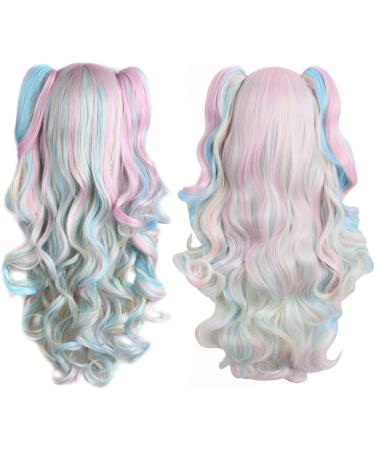 MapofBeauty Multi-color Lolita Long Curly Clip on Ponytails Cosplay Wig (Pink/Blue/Blonde) Pink/ Blue/ Blonde - Buy Online on GoSupps.com