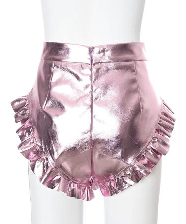 Hilinker Women's High Waisted Ruffle Trim Metallic Shiny Shorts - Small Pink | Perfect for Rave Parties & Club Events - Buy Online on GoSupps.com