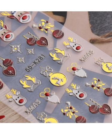 3D Christmas Nail Stickers 4 Sheets 5D Self-Adhesive Embossed Nail Decal Cartoon Elk Nail Art Decoration Design Supplies - Buy Online on GoSupps.com