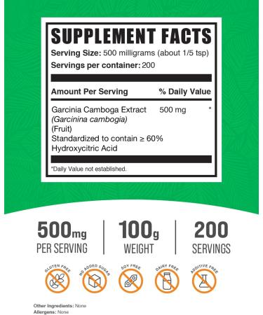 Garcinia Cambogia Extract Powder - 60% HCA Gluten-Free 500mg per Serving 100g | BulkSupplements.com - Buy Online on GoSupps.com