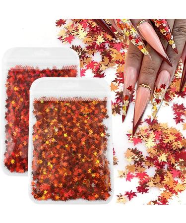 3D Fall Maple Leaf Nail Art Decals Charms for Nails  3D Holographic Glitters Meteillc Red Yellow Nail Art Sequins Flakes for Women DIY Manicures Salon Accessories 2 Bag 2Bags
