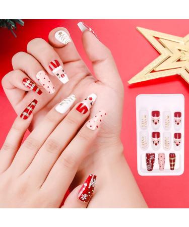 MELLIEX Christmas Fake Nails Artificial Full Cover Press on Nails 48 Pieces Xmas Coffin False Nail Tips Santa Claus Snowflake Elk Nail Art Decorations with Nail Glue and Nail Files - Buy Online on GoSupps.com