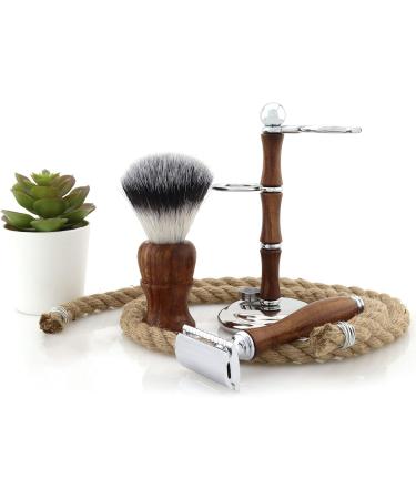 JAG Shaving Razor Set | Sustainable 3-Part Wooden Razor & Synthetic Hair Brush | Double Edge Blades for Men & Women | Eco-Friendly Shaving Stand - Buy Online on GoSupps.com
