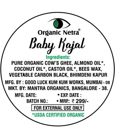 Organic Netra Baby Kajal Water Resistant Smudgeproof Longlasting For Normal Skin Type Enriched with Natural & Organic Ingredients with No Harmful Chemicals Matte Finish 8gm - Buy Online on GoSupps.com