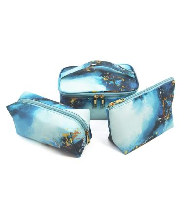 3 Pack Blue Marble Makeup Bag Organizer Travel Cosmetic Bags Small Large Make Up Pouch for Women and Girls Beauty Cute Teens Purse bluemarble