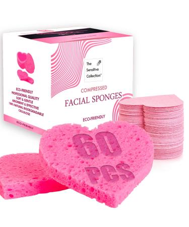 60-Count Compressed Facial Sponges | Cellulose Facial Sponges | 100% Natural Cosmetic Spa Sponges for Facial Cleansing | Exfoliating Mask | Makeup Removal | Heart Shape Compressed Facial Sponges | Reusable | Exfoliating Mask