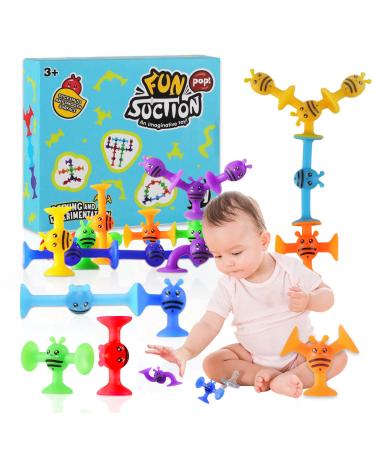 Suction Toys Kids Bath Toys 19 Pcs Slicone Sucker Toys for Kids Sensory Toys for 3 4 5 6 7 Year Old Boys Girls Toddler Montessori toys Building Toys for Stress Release and Travel 19pc