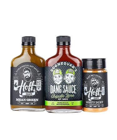 Hoff and Pepper Dangy Tangy Trio Goonzquad Dang Sauce Handmade Chipotle Lime Hot Sauce, Mean Green Jalapeno Habenero Hot Sauce and Dirty Dust Light Smokey Kick Perfect Grill Seasoning Dang Sauce, Mean Green, Dirty Dust 6.0…