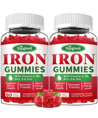 2 Pack Iron Gummies for Women & Men - Vegan Iron Supplement for Anemia & Iron Deficiency with Vitamin B12 Vitamin C Zinc Folate - Energy Boost Sugar-Free Strawberry Flavor 120 Count Strawberry 60 Count (Pack of 2)