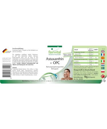 Fairvital Astaxanthin + OPC 90 capsules with OPC astaxanthin acerola with vitamin C nicotinamide vitamin B3 and vitamin E quality tested and high dosage 100 vegan Made - Buy Online on GoSupps.com