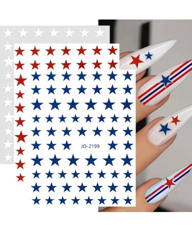 6 Sheets Red Blue White Star Nail Stickers 3D Self-Adhesive Classic Star Nail Decals for Patriotic Women Nail Decoration