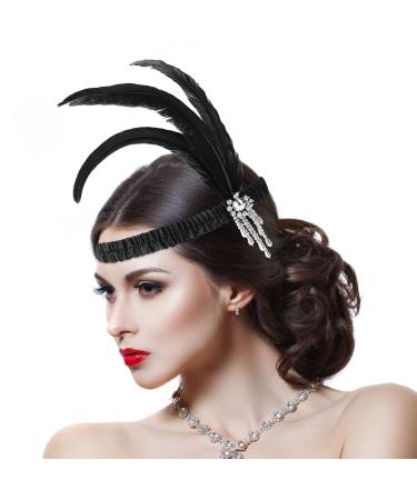 WLLHYF Feather Headwear Feather Headband Flapper Headpiece Head Wear Fashion Soft and Comfortable Hair Bows Hair 1920s Accessories for Kids Girls Party Decoration (Silver Tassel Black Feather)