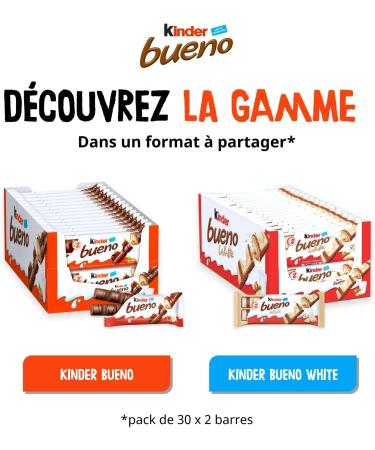  Kinder Kinder Bueno White - Thin Wafer Coated in White Chocolate with a Milk and Hazelnut Center - Soft and Crispy Biscuit - Sharing Size - 30 x 2 Bars (39g) - Buy Online on GoSupps.com