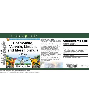 Chamomile Vervain Linden and More Formula - 450 mg (100 Capsules ZIN: 512191) - Buy Online on GoSupps.com