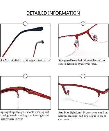 KoKoBin Metal Half Frame Reading Glasses with Blue Light Filter for Men & Women - Red 2.5 Diopters Spring Hinge - Buy Online on GoSupps.com