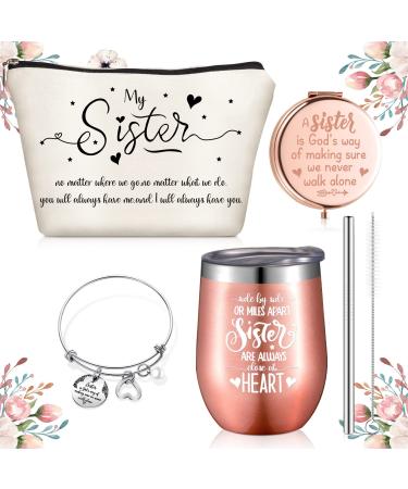 Sisters Cosmetic Bag  Sister Gifts Set  Including 12 oz Wine Tumbler Cup Cosmetic Bag Stainless Steel Sister Bracelets Rose Gold Purse Mirror  Gifts for Graduates Women Friend Sister Birthday Gifts