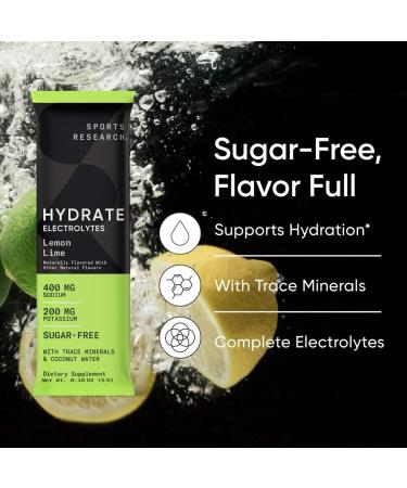Buy Sports Research Hydrate Electrolytes Powder - Sugar-Free Lemon Lime - 16 Packets - Supports Hydration with Vitamins & Coconut Water - Buy Online on GoSupps.com