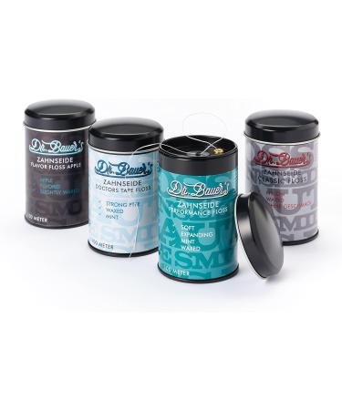 Dr. Bauer's Premium Dental Floss 100m - Stylish Black Metal Can Refillable Mint Flavor Waxed Fin - Ideal for International Shipping - Buy Online on GoSupps.com