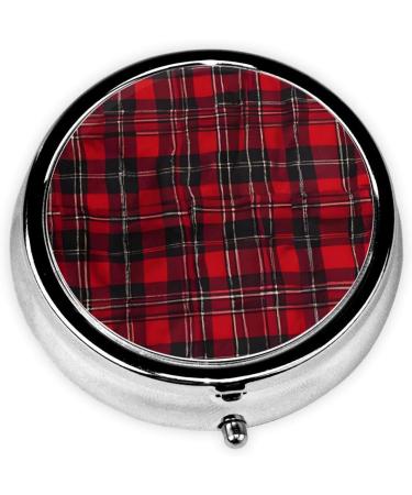 Plaid Red and Black Round Pill Box - 3 Compartment Mini Decorative Pocket Organizer for Travel Medicine & Vitamins - Buy Online on GoSupps.com