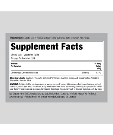 Chromium Picolinate 200mcg | 240 Tablets | Trace Mineral Supplement - Vegetarian, Non-GMO, Gluten-Free | Piping Rock - Buy Online on GoSupps.com