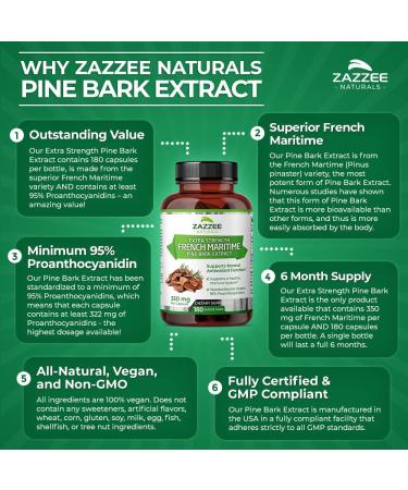 Zazzee Extra Strength French Maritime Pine Bark Extract | 350mg | 180 Vegan Capsules | 95% Proanthocyanidins | 6 Month Supply | Non-GMO - Buy Online on GoSupps.com