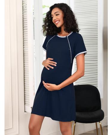 Sykooria Women's Maternity Nightdress | Nursing Nightgown | Short Sleeve Sleep Shirt for Pregnant Women - Navy Blue S - Buy Online on GoSupps.com