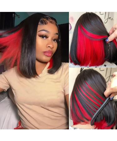 Bob Wigs for Women Red Peekaboo Wig Synthetic Hair Straight Bob Wig Shoulder Length Black with Red Highlights Wig Blunt Cut Bob Lace Front Wig Short Bob Wigs for Daily Party Use Red