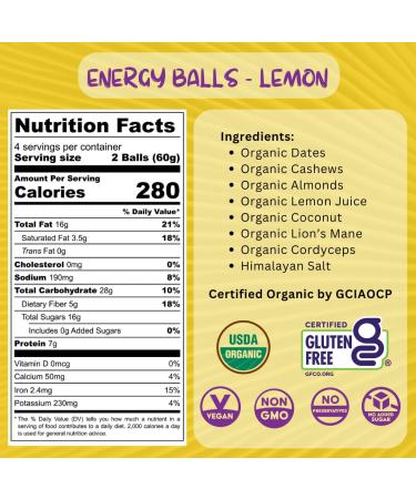 ODD BALLS Organic Energy Balls - Lemon Superfood Snack | Vegan Gluten Free | Perfect for Running Cycling & Hiking | Focus & Energy with Lion's Mane & Cordyceps - Buy Online on GoSupps.com