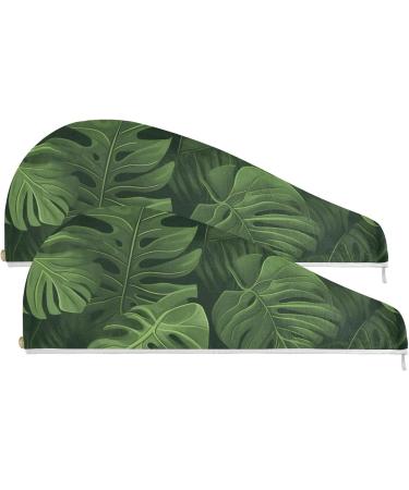 Tropical Green Leaves Hair Towel 2 Pack | Super Absorbent Quick Dry Turbans for Women & Girls - Buy Online on GoSupps.com