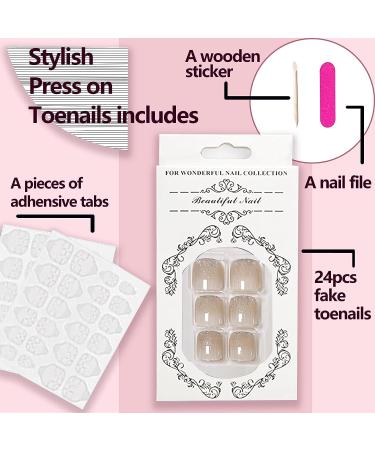 YOSOMK Nude Pink Glitter Short Press on ToeNails - 24Pcs False Toe Nails for Women - Buy Online on GoSupps.com