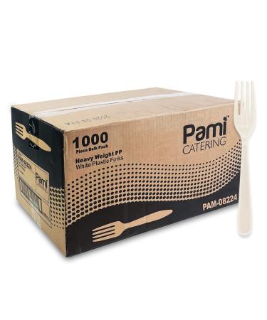 PAMI Heavy Weight Disposable Plastic Forks 1000-Pack - Bulk White Plastic Silverware For Parties Weddings Catering Food Stands Takeaway Orders & More- Heavy-Duty Single-Use Partyware Forks