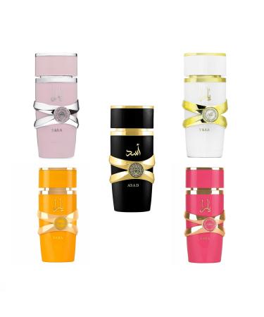 Yara Unisex 5 Piece (Yara Eau de Parfum Gift Set) (Pink Yara + Yara Moi + Oranage Yara Tous + Asad for Men + Yara Candy) 3.4OZ