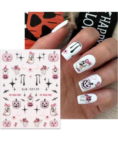 JMEOWIO 3D Embossed Halloween Nail Art Stickers Decals Self-Adhesive 5D Cute Pink Moon Ghost Pumpkin Nail Supplies Nail Art Design Decoration Accessories 4 Sheets - Buy Online on GoSupps.com