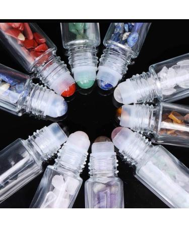 10 Pack 10ml Gemstone Roller Bottles with Healing Crystal Chips - Clear Glass Roll on Bottle for Essential Oils - Silver Lid - Natural Crystal Stones Roller Balls - Buy Online on GoSupps.com
