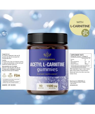 Buy HERBAMAMA Acetyl L-Carnitine Energy Gummies - 1500 mg ALCAR for Women & Men - Vegan Gelatin-Free Non-GMO - 60 Blueberry Chews - International Shipping Available - Buy Online on GoSupps.com