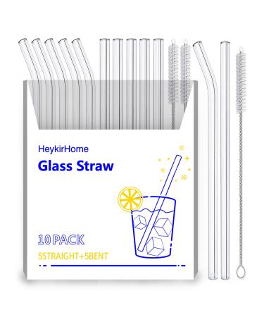HeykirHome 10-Pack Disposable Glass Straw,Size 8.5''x10 MM,Including 5 Straight and 5 Bent with 2 Cleaning Brush- Perfect For Smoothies, Tea, Juice 10Pack+2Brushes