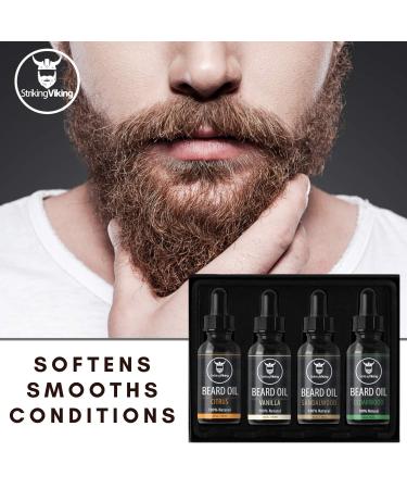 Viking Beard Oil 4 Pack - Softening & Conditioning for Men - Citrus, Vanilla, Sandalwood, Cedarwood Scents - Enriched with Argan & Jojoba Oils - Buy Online on GoSupps.com