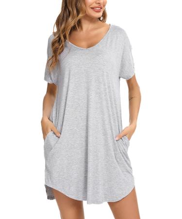 Aseniza Women's Nightdresses Nightshirt Nightgown Nightwear Loungewear V Neck Casual Loose Short Sleeve Oversized Sleepwear Style A-grey L
