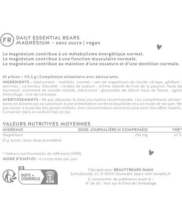 Magnesium Gum Bears - Strength for Muscles and Nerves - Energy and Relaxation with 250mg of Magnesium Citrate per Dose - 45 Pieces - Vegan-free Vitamin Gums - Bears with Benefits - Buy Online on GoSupps.com