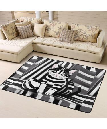 Black and White Striped Kitten Flannel Non-Slip Floor Mat - 63x48 Inches Comfortable & Lint-Free Perfect for Home & Office - Shop Internationally - Buy Online on GoSupps.com