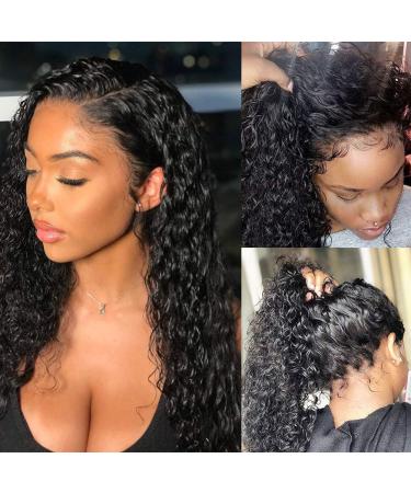 Pizazz 13x4 Human Hair Lace Front Wigs for Black Women Glueless 180 Density HD Transparent Deep Wave Frontal wig with Baby Hair Pre Plucked Bleached Knots(14 Inch  Black color) 14 Inch (Pack of 1) Black color