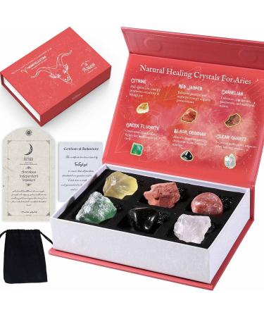 Faivykyd Aries Birthday Crystals Gift Natural Spiritual Crystals with Horoscope Box Zodiac Birthstone Crystal Set Birthday Gifts for Women Men Friends Healing Crystal for Beginners