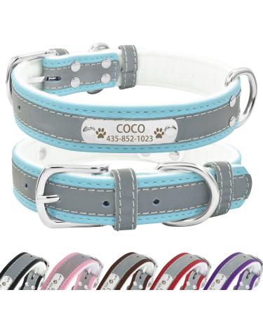 Senristar personalized reflective leather dog collar with warm food individual dog collar with name tape engraved for small medium and large dogs and cats XL (width 3.0 cm neck circumference 45-55 cm) blue
