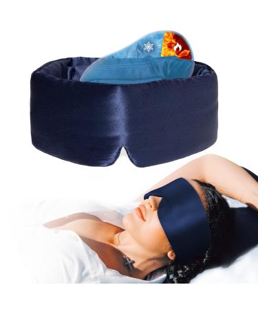 Cooling Sleep Mask with 2 Gel Pad Cold/Warm Compress for Dry Puffy Eyes Weighted Eye mask for Sleeping Adjustable Silky Satin Eye Cover 100% Blackout for Women Men (Deep Blue)