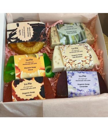  Lu.Flo Lu.Flo Gift Set Gift Idea for Women Handmade Glycerin Solid Soap 6 x 100g Gentle on Skin Body Soap Vanilla with Loofah Honey Lavender Goat's Milk with Oats Citrus - Buy Online on GoSupps.com