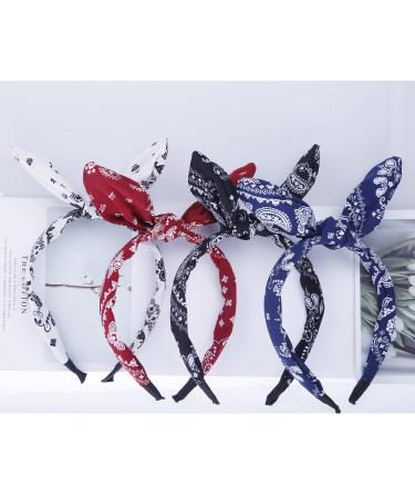 Lvyeer 4 Pack Paisley Print Bow Headbands for Women - Rabbit Ear Headwrap Hair Accessories for Girls - Style1 (White Red Navy Blue Black) - Buy Online on GoSupps.com