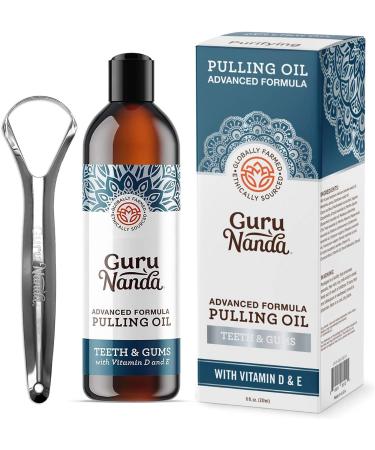 GuruNanda Advanced Formula Oil Pulling with Tongue Scraper - Oil Pulling for Healthy Teeth and Gums with Vitamin D,E - Coconut Oil Natural Mouthwash, Bad Breath Remedy, and Teeth Whitening (8Fl. Oz)
