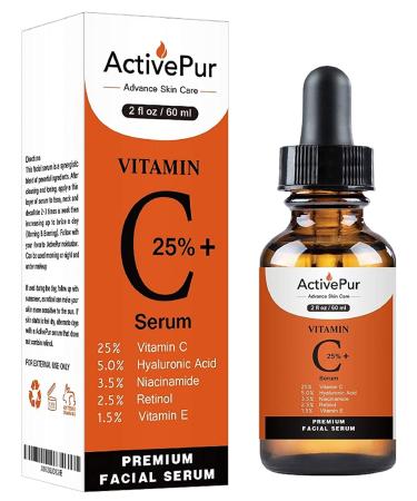 ActivePur 25% Vitamin C Serum for Face with Hyaluronic Acid, Retinol, Niacinamide, and Collagen - 2 Oz/60 ml | Anti-Aging, Wrinkle Reduction, Age Spot Treatment | Moisturizing Facial Serum - Buy Online on GoSupps.com