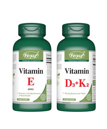 Vitamin E 400IU 90 Capsules and Vitamin D3 + K2 120 Capsules (Combo Bundle 2 Bottles)