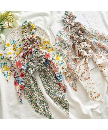 6 Pcs Floral Hair Scarf Scrunchies with Chiffon Bow Ties - Elastic Hair Bands with Long Tails - Buy Online on GoSupps.com